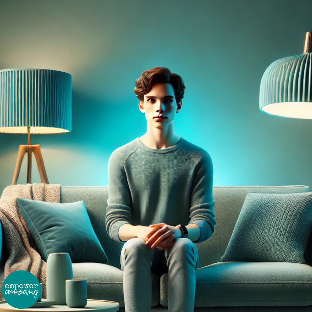 "Realistic image of an androgynous teenager sitting in a teal-toned living room, created by ChatGPT with prompts from the author to visually support Empower Counseling Center's article 'The Effects of Complex Trauma on Teens: Understanding the 7 Key Areas.