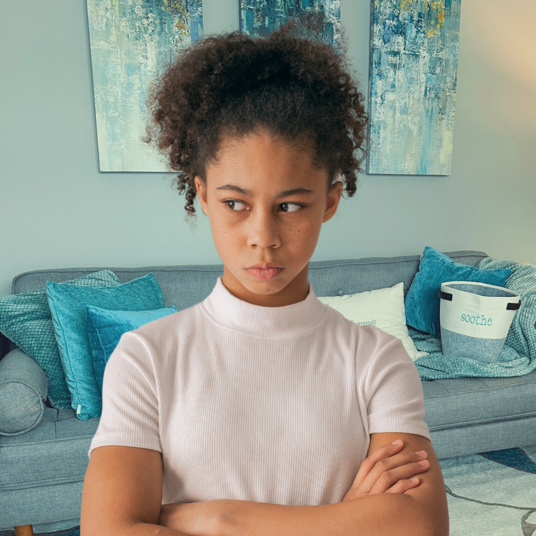 Illustration of defensiveness featuring a young person with caramel skin and curly black hair crossing their arms and scowling, visually supporting the blog's themes of recognizing defensive behavior.