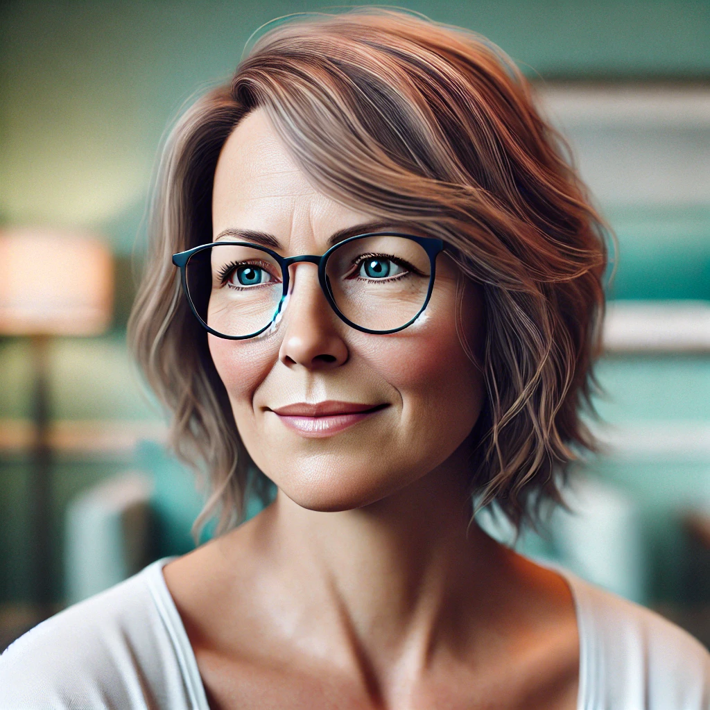 AI-generated image of a middle-aged, mid-size woman wearing glasses, looking off to the side with a calm, introspective expression and a soft smile in a cozy home setting with teal tones. Generated with prompts by user, created by ChatGPT. Keywords: Empower Counseling, complex trauma, Suwanee, Atlanta, Georgia therapists