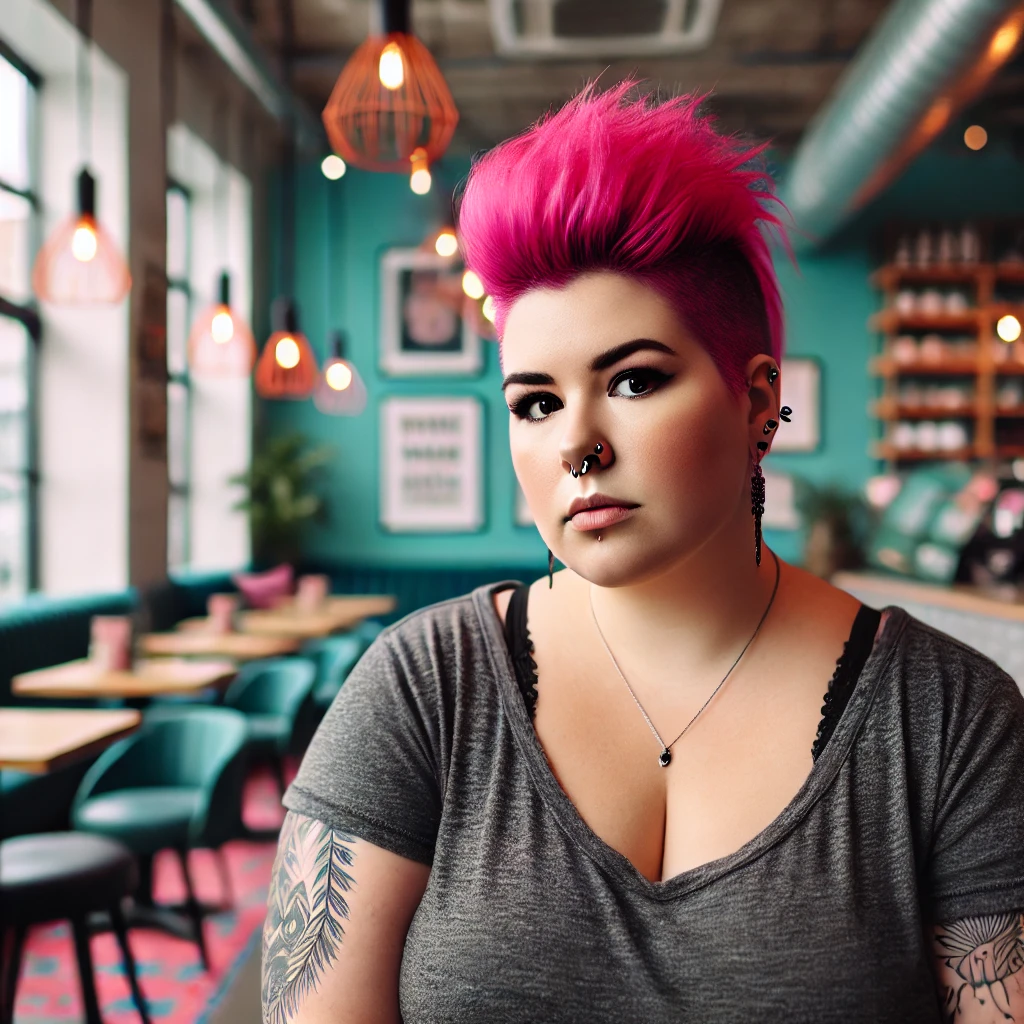 Thoughtful woman with hot pink hair in her early 30s, sitting in a modern coffee shop. The scene represents introspection and the complexity of CPTSD misdiagnosis, reflecting the article's theme.