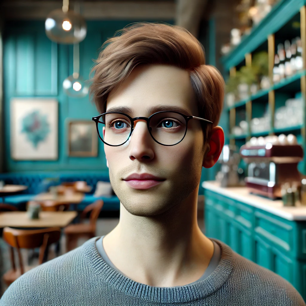 Androgynous individual in their early 30s, wearing glasses, standing in front of a teal-toned coffee shop, looking off to the side in a thoughtful manner. The image relates to themes of neurodiversity and complex trauma.