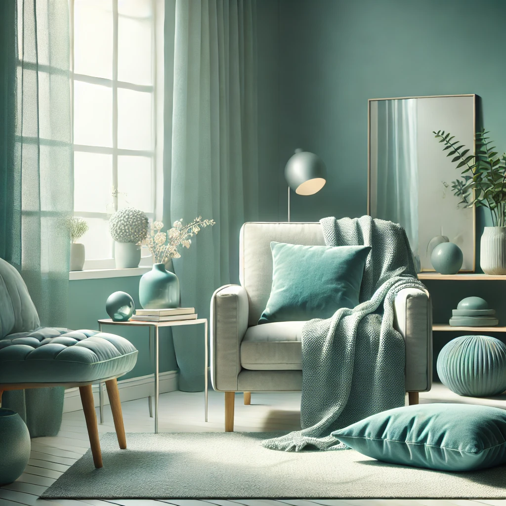 Calming therapy room in teal tones with cozy armchair, blanket, and soft natural lighting, representing a safe space to explore the essential question: "What is trauma?"