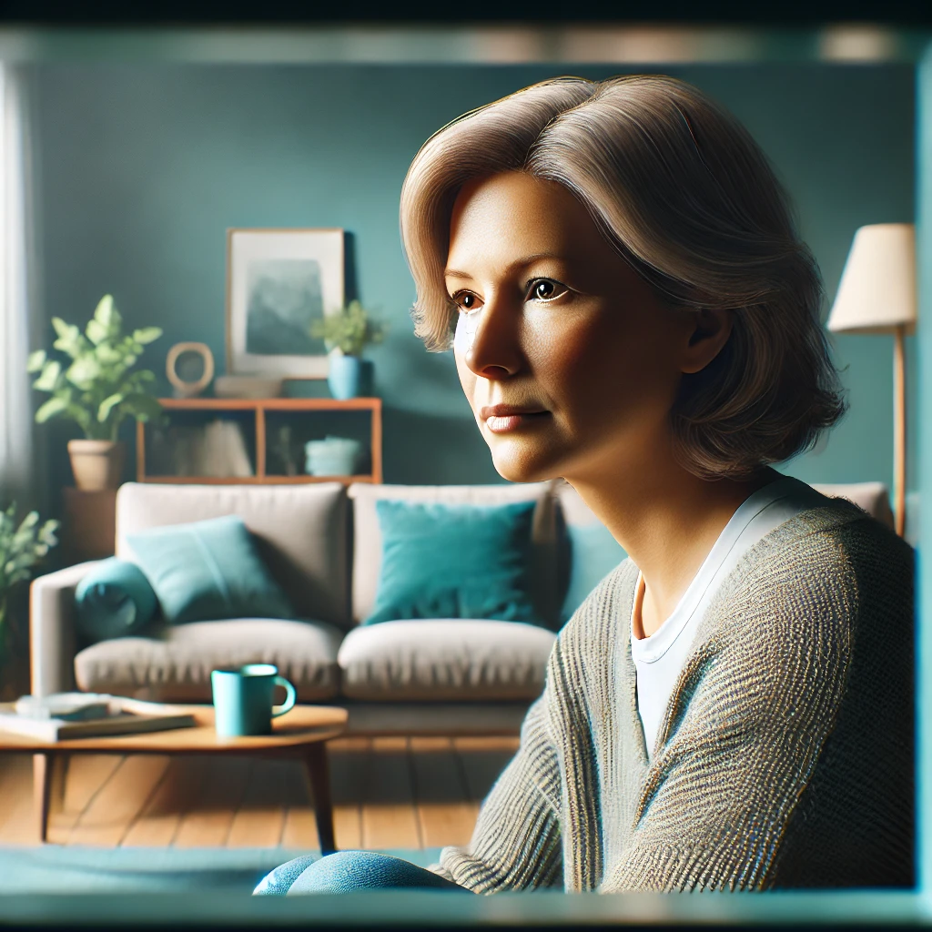 Middle-aged woman seated in a teal-accented living room, appearing contemplative and reflective, symbolizing themes of anxiety and trauma counseling.