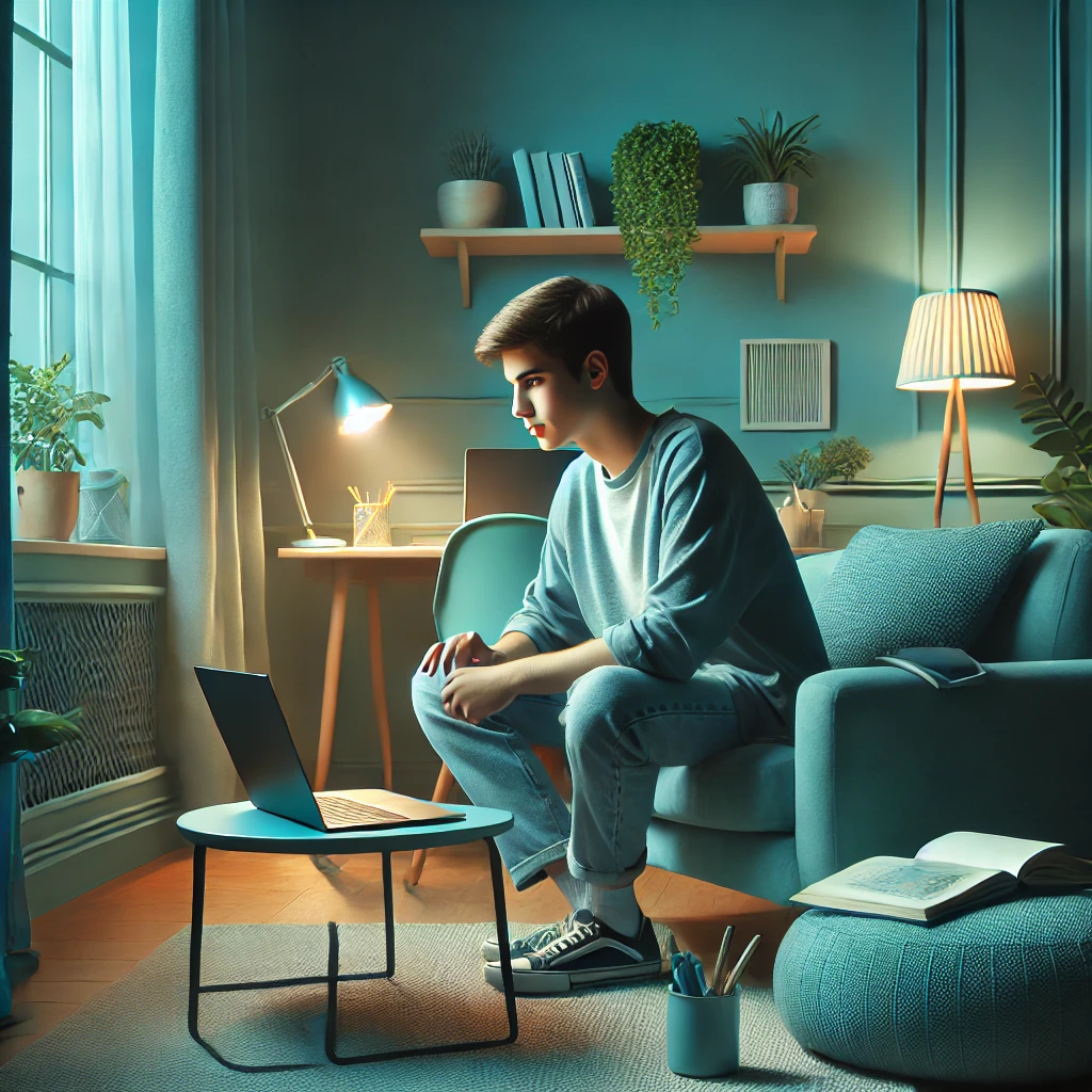 Teenager in a cozy teal-toned room, engaged in an online counseling session on a laptop. The room is decorated with calming blue and teal accents, personal items, and plants, creating a relaxed, supportive atmosphere.