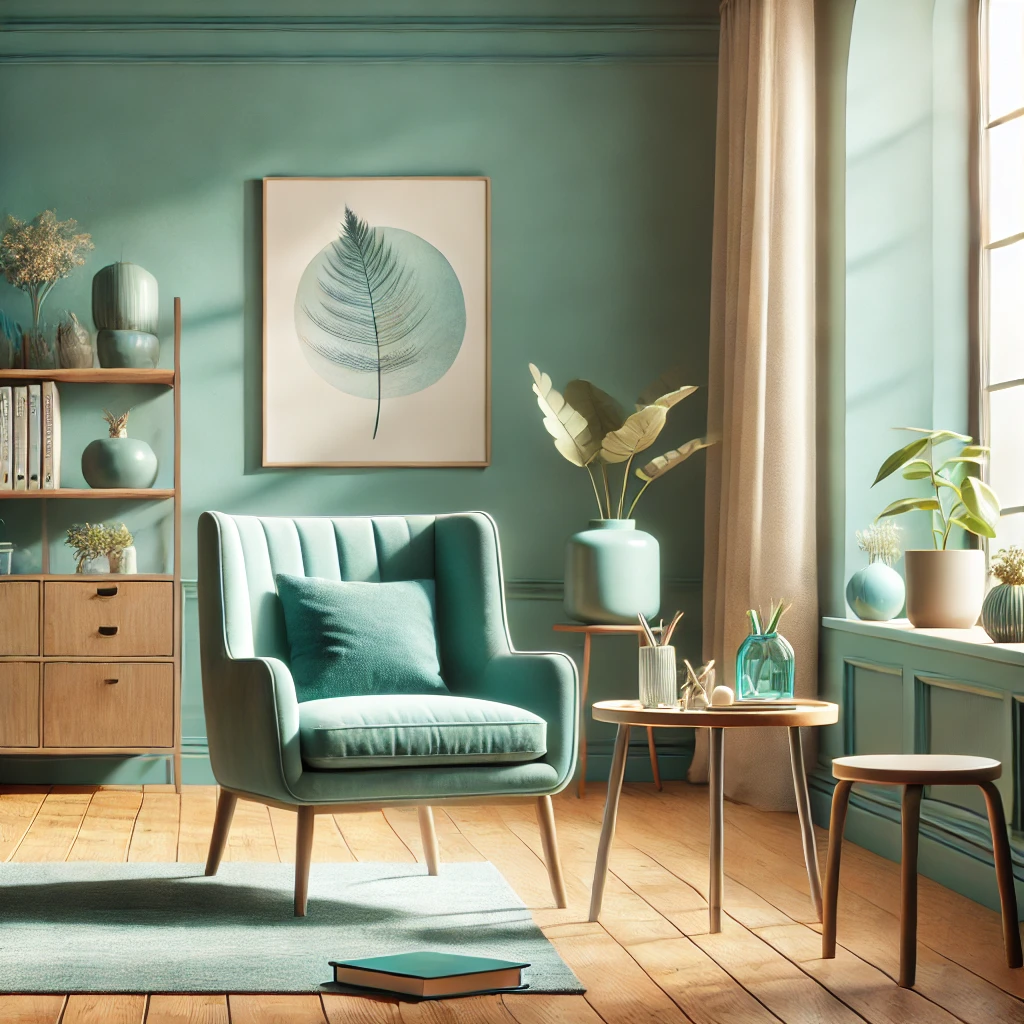 Calm therapy room in soft teal tones with comfortable seating, a table with plants, and natural light, creating a warm and inviting space for trauma therapy beyond just talk.