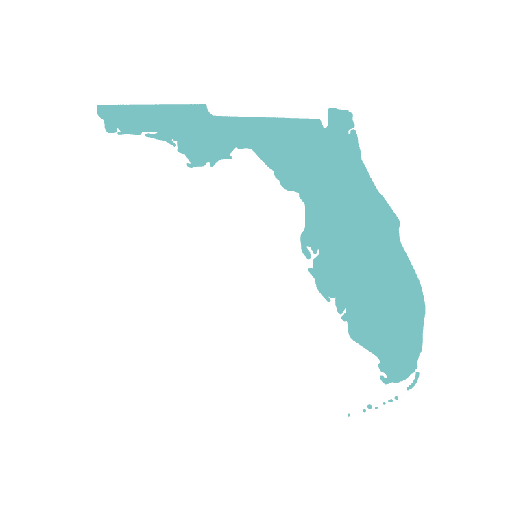 Map outline of Florida in teal representing online EMDR therapy and trauma-focused counseling services across Florida.