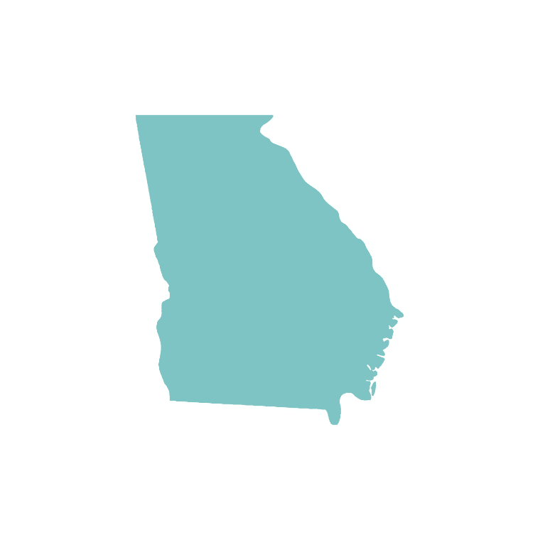 Map outline of Georgia in teal representing online EMDR therapy and trauma-focused counseling services across Georgia.