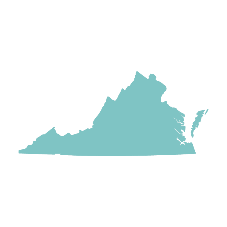 Map outline of Virginia in teal representing online EMDR therapy and trauma-focused counseling services across Virginia.